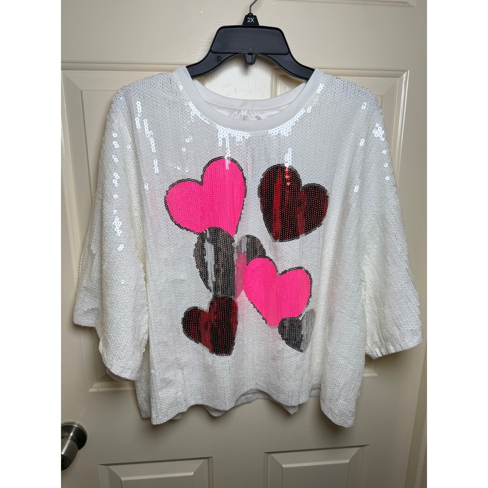 Simply Southern Luxe Sequin Heart Top White Pink XXL Valentine Day Boxy Tee
